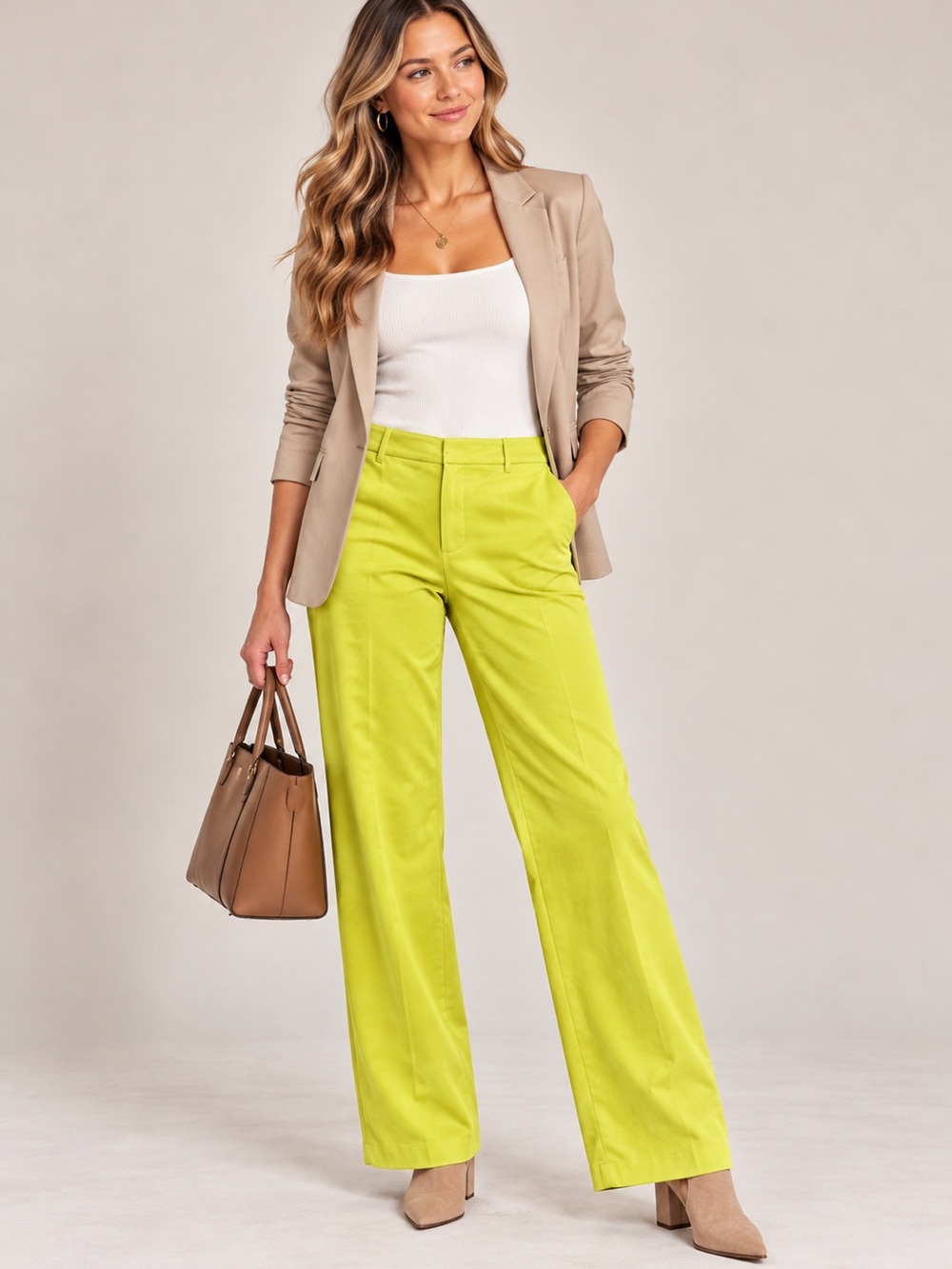 Zara Wide-Leg High-Rise Pants in chartreuse - cotton blend